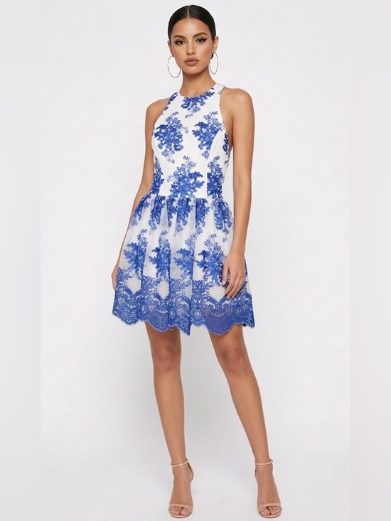 Alice + Olivia Dresses & Skirts - Alice + Olivia Reggie Racer Silk Embroidered Tulle Mini Dress Cobalt Blue Sz 2-4